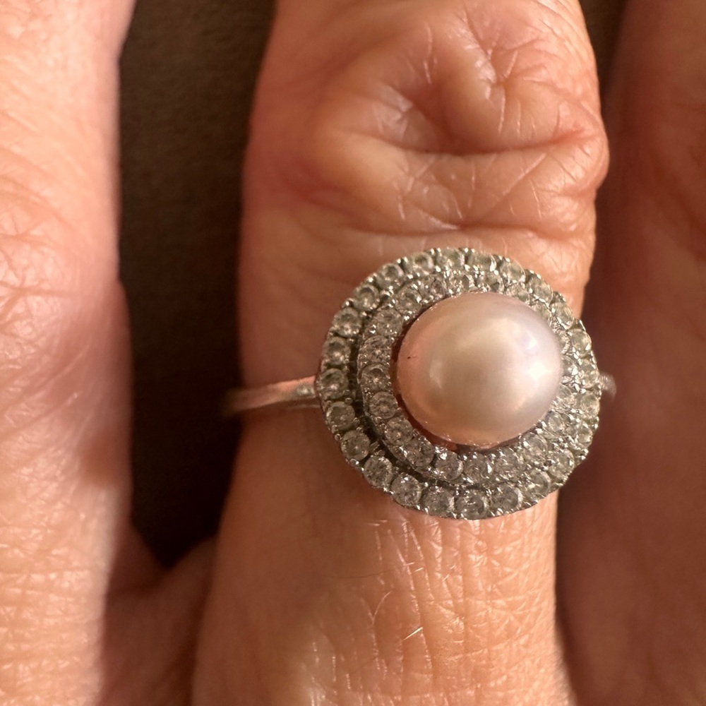 Silver and White Pearl CZ Halo Ring Size 7 Pink Cream Bridal Feminine Timeless